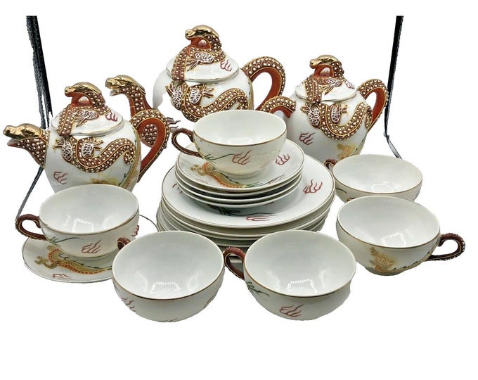 Vintage Kutani Dragon Ware Geisha Girl Litho Porcelain Tea Set for 6 - 20 Piece