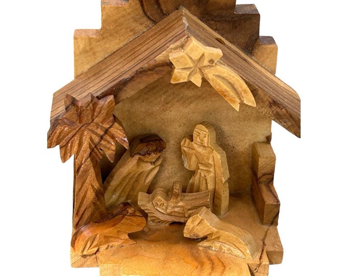Vintage Nativity Set Made of olive wood. hand carved, Jesus Mary Joseph