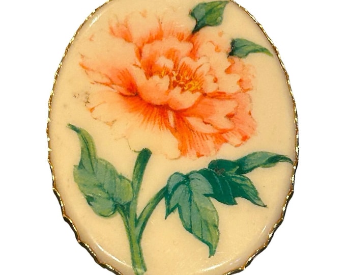 Hallmark Cards Flower Cameo Brooch VTG Oval Pink Peony Pin with Pendant Hook