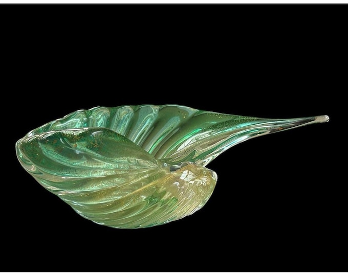 Vintage Murano Art Glass Conch Shell Bowl Green Gold Aventurine Italy