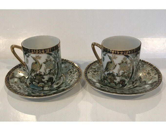 Lot of 2 Vintage Porcelain Japanese Green and Gold Peacock Demitasse Tea Cups