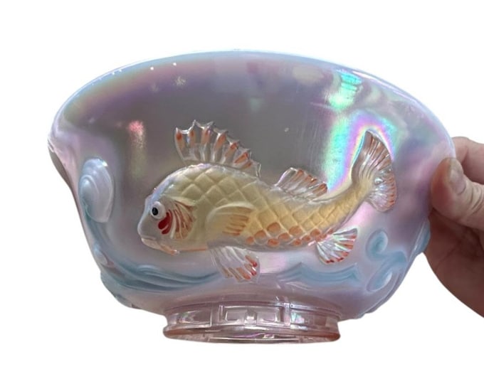 1990 Fenton Atlantis Pink Iridescent Carnival Koi Fish Bowl Sticker & Signed