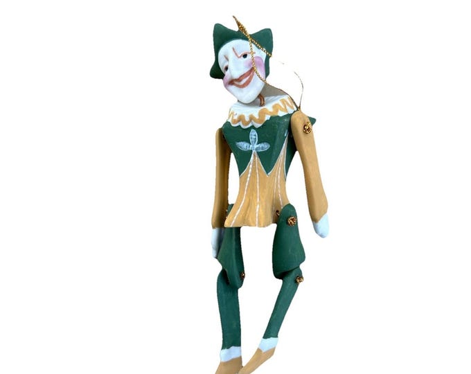 Vintage Jointed ceramic Harlequin Jester Ornament Articulated Green Gold