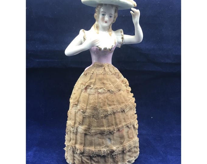 Victorian Dancing Woman Porcelain Figurine Lace Skirt & Hat