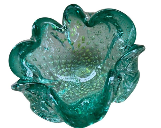 Vintage Murano Style Teal Green Bullicante Art Glass Ruffled Bowl Gold Flecks