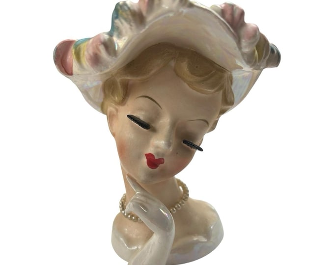 Lefton Head Vase Woman Hat Red Lips White Hat 1843 With Pearl Necklace Vintage