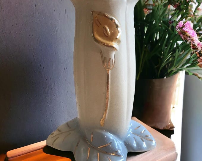 Hull Vintage Handmade Ceramic Vase With Yellow Lily Gold Accents Blue Leaf Base