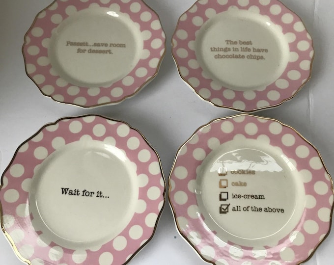 pink and white polka dot dessert plate set of 4 with sayings