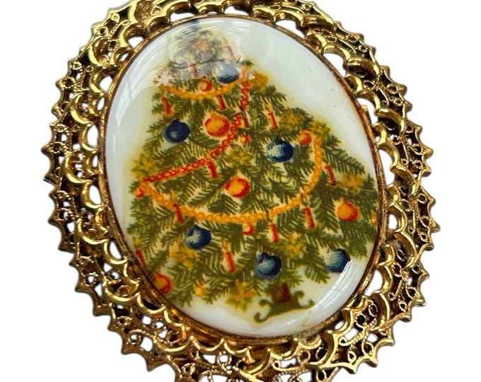 Vintage Tancer II Christmas Tree Cameo Brooch Gold Filigree Oval Holiday Pin Sig