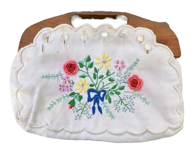 Vintage Handmade embroidered bag with wooden handles Cottage Core 11" handle