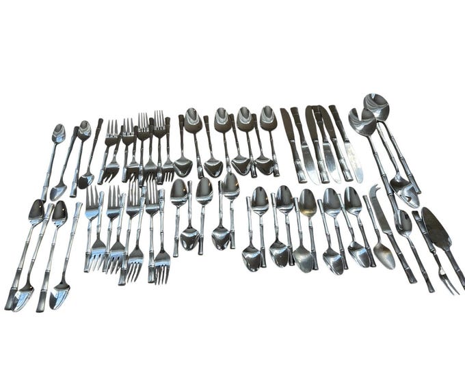 63 Piece SCC Bamboo Cane Stainless Steel Japan Flatware including salad spoons