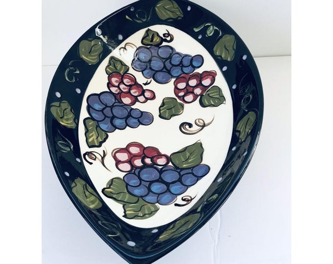 Paula Estey  Hand Painted Art Pottery Large Grapes Footed Pedestal bowl signed