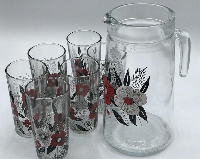 Cerve Glass Juice Pitcher &6 Glasses Black/Red white  Flowers Made in Italy