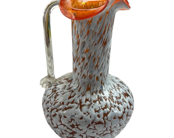 Pilgrim Hand Blown Art Glass Pitcher  Vase Orange White Splatter Vintage MCM