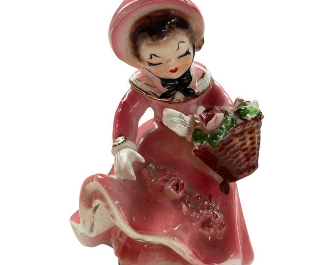 Vintage Josef Originals ? Pink & Gold Lady Holding Basket Figurine JAPAN Wstickr