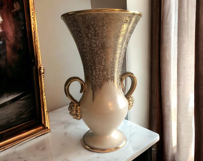 Mid Century German Painted Double Handled Gold Beige Vase 10" tall