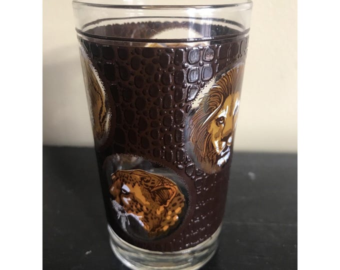 Vintage Libbey Glasses African Safari Lion Tiger Leopard Ram 5" tall