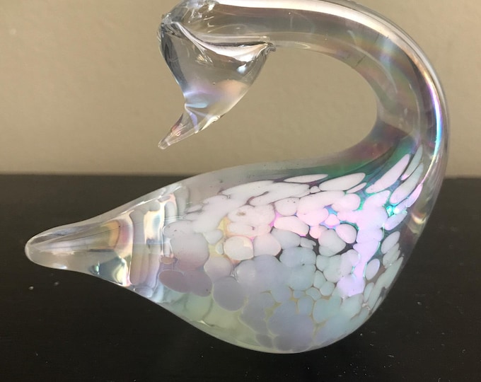 GLASS SWAN Rainbow Color Figurine Etching on Feathers Very Nice