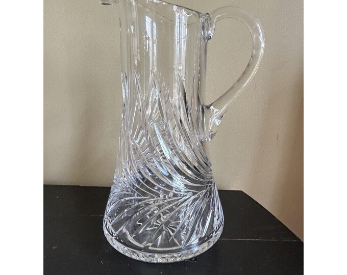 Hand Cut Lead Crystal Faceted Swirl Pattern Water Pitcher 11" Tall