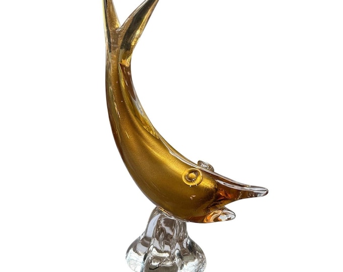 Murano Art Glass Dolphin Sculpture Amber Gold Sommerso Body 12" Figurine Vintage