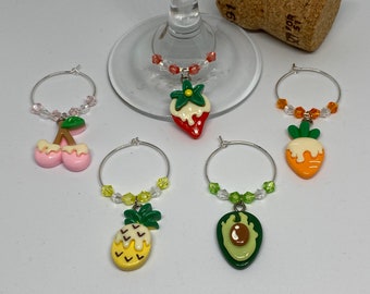 5 fruit themed wine glass charms made with Swarovski crystals