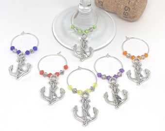 6 anchor wine glass charms made with Swarovski crystals