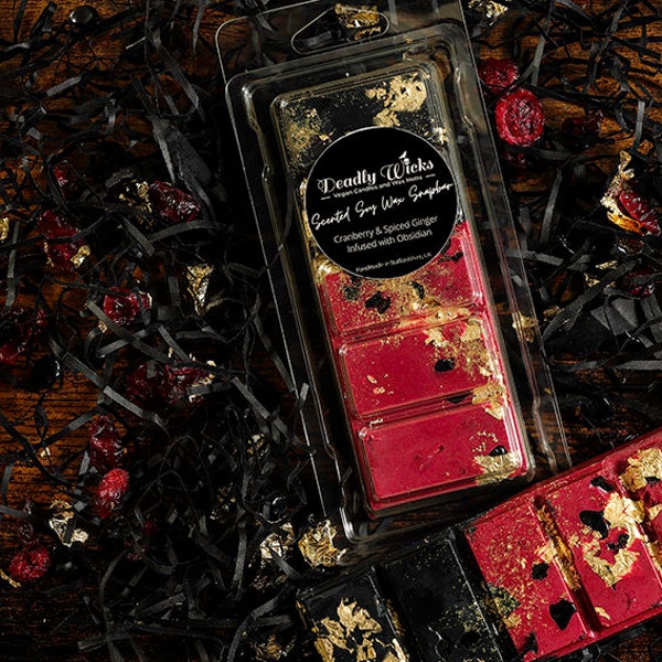 Soy Wax Melt - Cranberry & Spiced Ginger Infused with Obsidian and 24k Gold Leaf - Christmas Wax Melt - Creepmas Wax Melt -by Deadly Wicks.