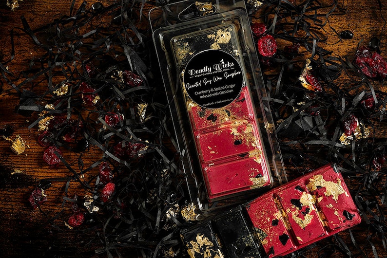 Soy Wax Melt Cranberry & Spiced Ginger Infused with Obsidian and 24k Gold Leaf Christmas Wax Melt Creepmas Wax Melt by Deadly Wicks. image 1