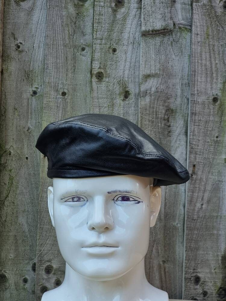 Vintage Deadstock US Military Black Wool Beret – Leather Trim – Made In USA – Men's