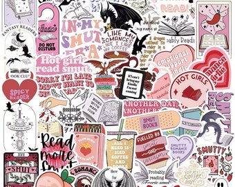 May include: A selection of vibrant stickers with diverse designs and text. The stickers showcase illustrations of books, dragons, coffee cups, and hearts. Text includes phrases like "Hot girl read smut" and "Smut Books."