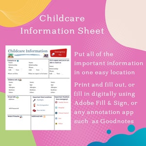 Babysitter / Kinderbetreuungs-Kontaktbogen - Digitaler Download - zum Ausdrucken oder vollständig mit Adobe Fill & Sign oder einer beliebigen Anmerkungs-App