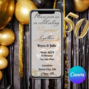 Invitación de aniversario digital, Canva, Smartphone electrónico Móvil Evite, Imprimible, Descarga instantánea, Texto, SMS, Correo electrónico, Totalmente editable