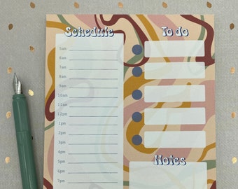 Puede incluir: Un planificador diario imprimible con un diseño abstracto colorido. El planificador incluye secciones para un horario, una lista de tareas pendientes y notas.