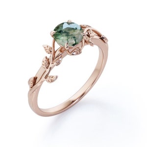 Natural Moss Agate Solitaire Engagement Ring, 18K Rose Gold Unique Wedding Ring For Her, Handmade Raw Stone Ring