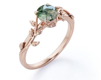 Natural Moss Agate Solitaire Engagement Ring, 18K Rose Gold Unique Wedding Ring For Her, Handmade Raw Stone Ring