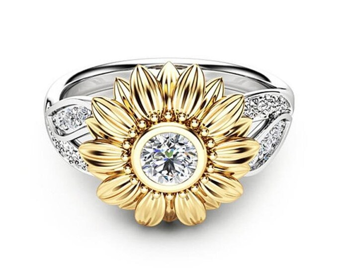 Sunflower Engagement Ring Zircon Rose Gold Unique Sunflower Etsy