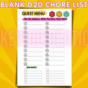 ADHD Quest Menu, Blank D20 Chore List, Quest Chore List, Chore Game D&D Cleaning and Chores Game DND Characters Pack, Cleaning To Do List