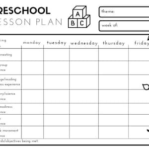 May include: A black and white preschool lesson plan template. The top of the template includes the words "PRESCHOOL LESSON PLAN" and boxes for "theme" and "week of". The lesson plan grid includes spaces for learning areas and days of the week.