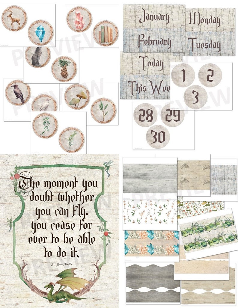 Peut inclure: Un ensemble de papiers num&eacute;riques imprimables sur le th&egrave;me de la for&ecirc;t. Les papiers comprennent diff&eacute;rents motifs, tels que de l'&eacute;corce de bouleau, des motifs floraux et des branches feuillues. L'ensemble comprend &eacute;galement une citation sur le vol et un ensemble de cercles de calendrier.