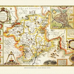 Mapa antiguo de Worcestershire: mapa histórico de John Speed. Calidad superior. Con o sin marco. Worcester, Malvern, Kidderminster, Stourbridge