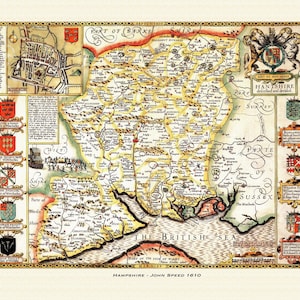Mapa antigo de Hampshire - mapa histórico de John Speed. Qualidade premium. Emoldurado ou não. Portsmouth, Southampton, Winchester, Basingstoke