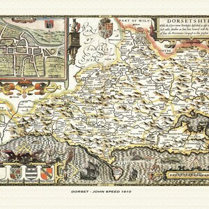 Mapa antiguo de Dorset: mapa histórico de John Speed. Calidad superior. Con o sin marco. Dorchester, Weymouth, Poole, Portland, Blandford Forum