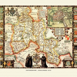 Mapa antigo de Oxfordshire - mapa histórico de John Speed. Qualidade premium. Emoldurado ou não. Faculdades de Oxford, Chipping Norton, Henly, Banbury
