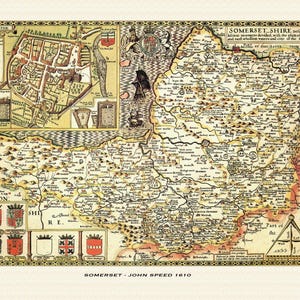 Alte Landkarte von Somerset - historische Karte von John Speed. Premium-Qualität. Gerahmt oder ungerahmt. Bath, Taunton, Wells, Glastonbury, Bridgewater