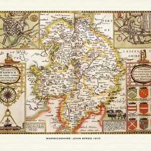 Mapa antigo de Warwickshire - mapa histórico de John Speed. Qualidade premium. Emoldurado ou não. Warwick, Coventry, Nuneaton, Southam, Stratford