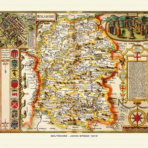 Mapa antiguo de WILTSHIRE: mapa histórico de John Speed. Calidad superior. Con o sin marco. Salisbury, Swindon, Malmesbury, Chippenham, Mere
