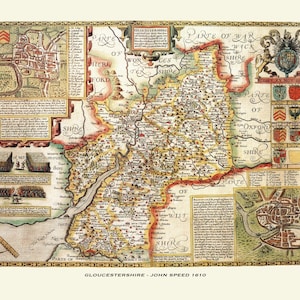 Mapa antiguo de Gloucestershire: mapa histórico de John Speed. Calidad superior. Con o sin marco. Gloucester, Cheltenham, Bristol, Stroud