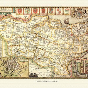 Alte Landkarte von Kent – historische Landkarte von John Speed. Premium-Qualität. Gerahmt oder ungerahmt. Canterbury, Rochester, Dover,thanet, Bromley, Sevenoaks