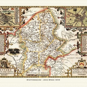Mapa antiguo de Staffordshire: mapa histórico de John Speed. Calidad superior. Con o sin marco. Stafford, Walsall, West Bromwich, Wolverhampton