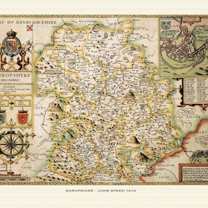 Mapa antigo de Shropshire - mapa histórico de John Speed. Qualidade premium. Emoldurado ou não. Shrewsbury, Whitchurch, Bridgnorth